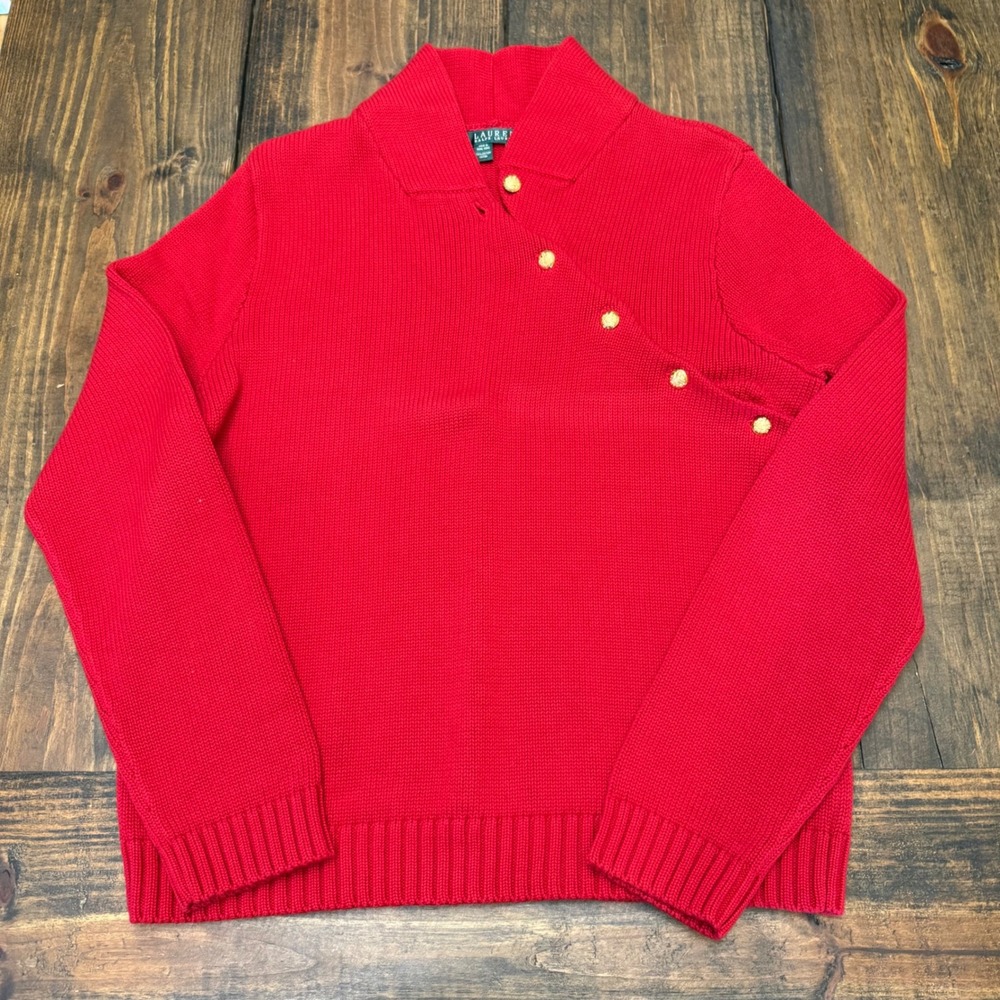 Lauren Ralph Lauren Womens XL Red Cotton Asymmetrical Gold Button Sweater Top